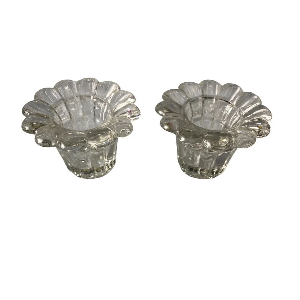 Vintage Clear Glass Scalloped Flower Petal Candle Holder Set of 2 Votive Taper